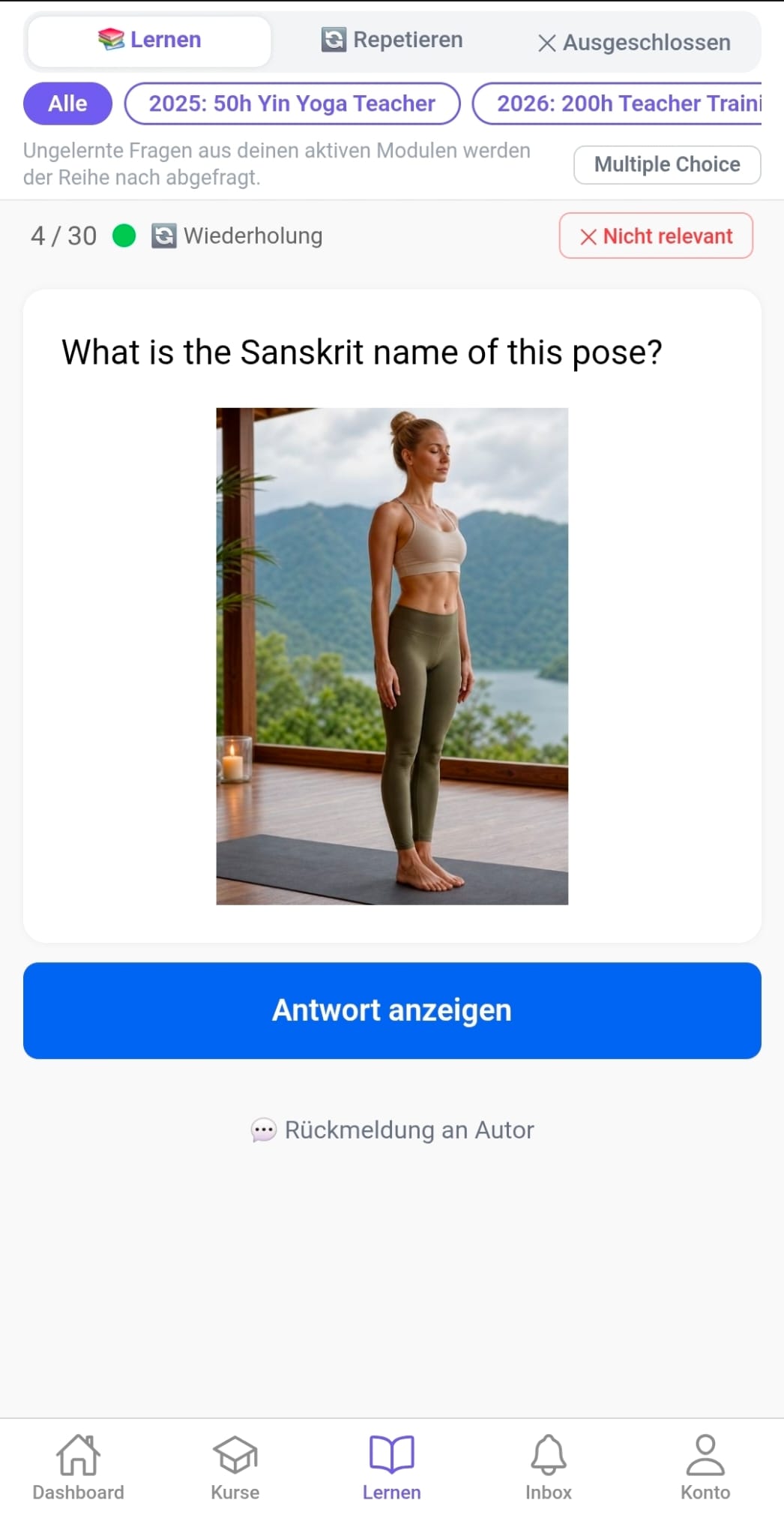 YogaMentor Lektion für Asanas mit Lernfrage und Fortschrittsanzeige.