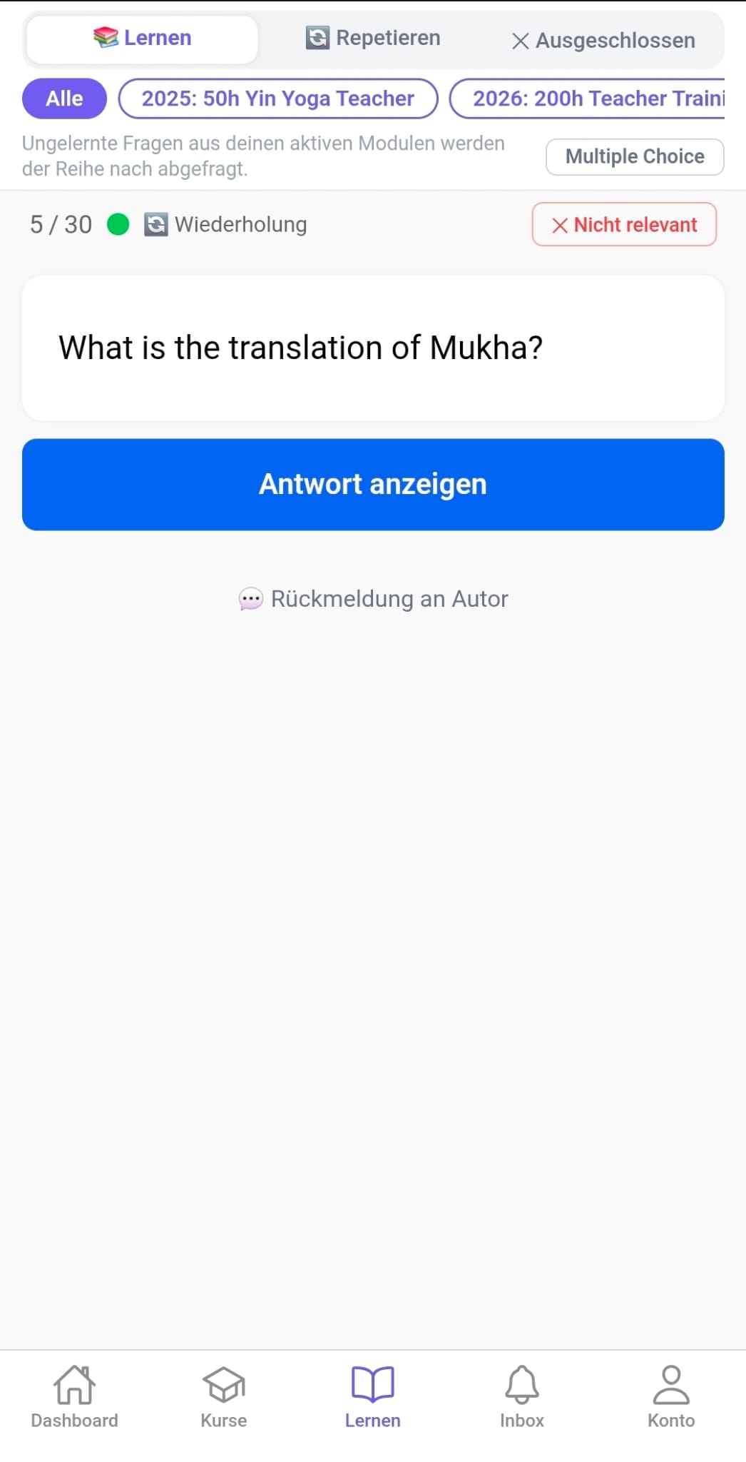 YogaMentor Lernkarte für Sanskrit-Begriffe und Yoga-Terminologie.